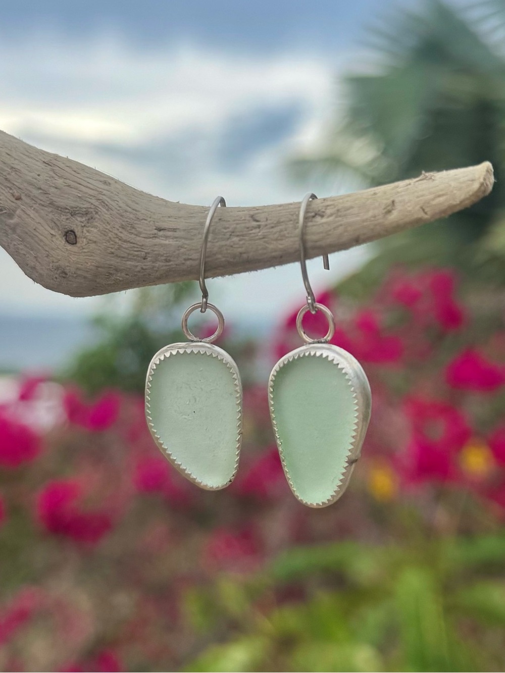 Sea foam Green sea glass Handmade sterling silver drop earrings